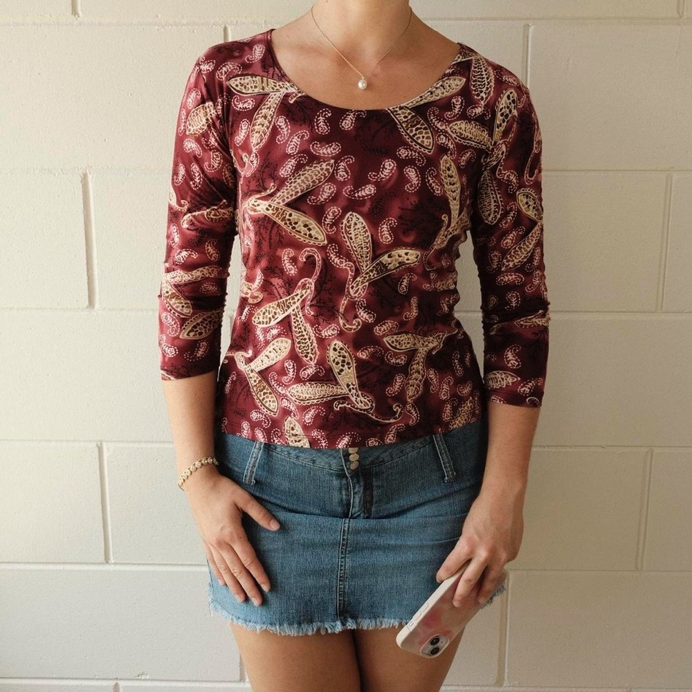 Susan Lawrence Burgundy and Cream Paisley Long Sleeve Top